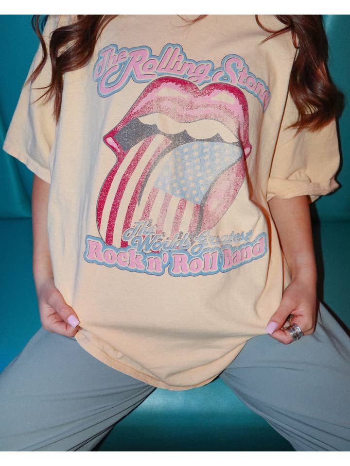 LivyLu - Wholesale Screen Printed T-Shirt - Unisex - Rollings Stones World's Greatest Band Yellow Thrifted Tee4