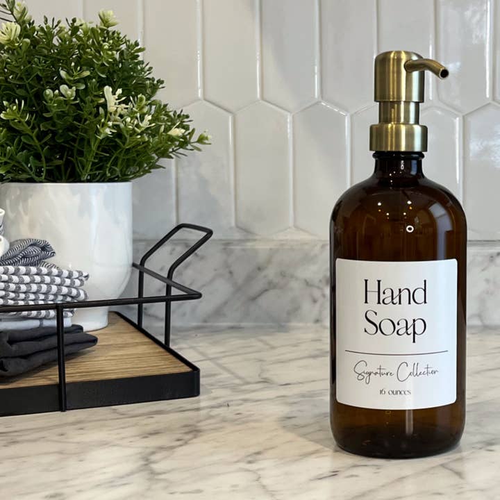 Blush Apothecary - Wholesale Soap Dispenser - 16-ounce Amber Glass Soap Dispenser Signature Label