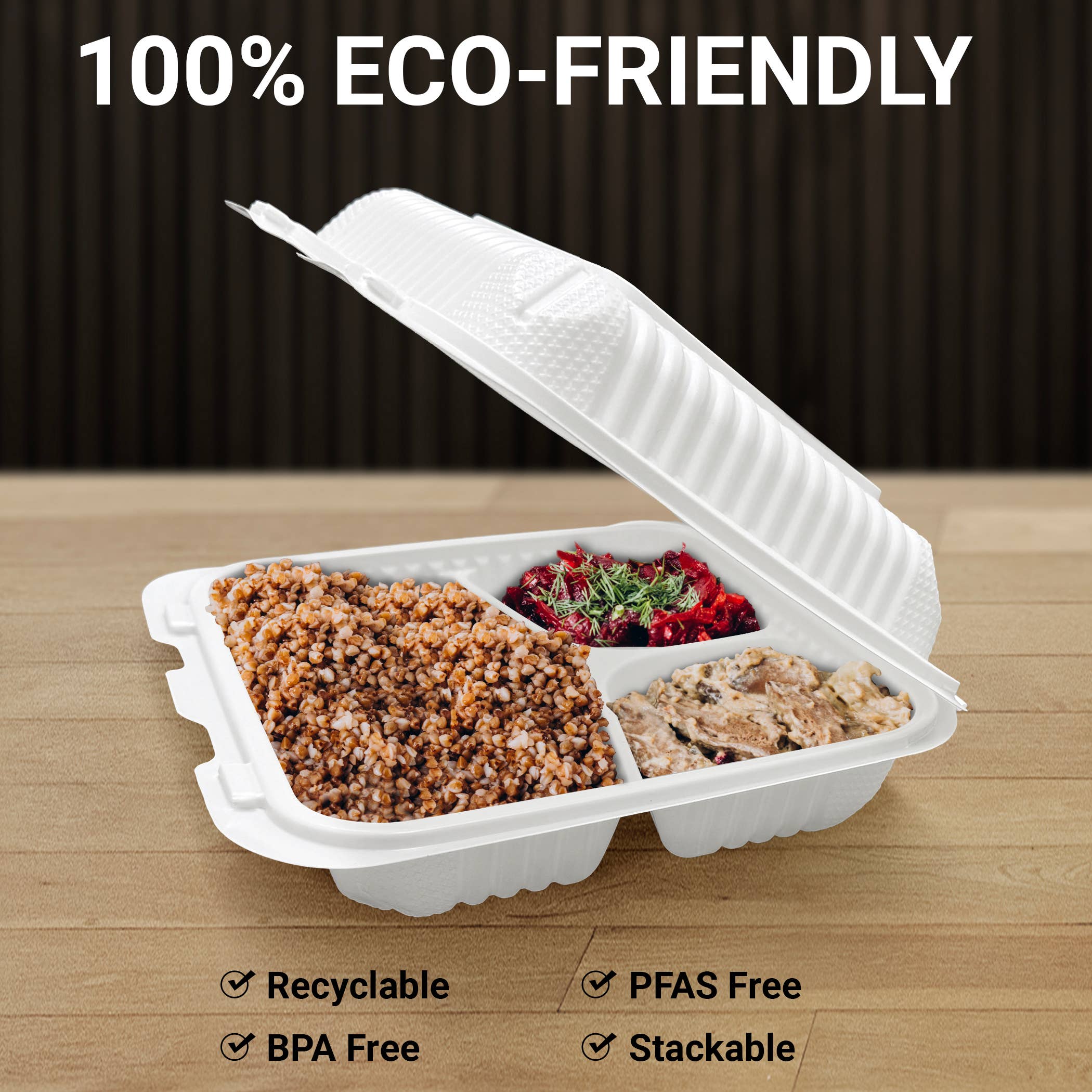 Three Leaf Products - Vente Boîtes de conservation - Trois Feuilles 9" X 9" 3 Compartiments Boîte à Charnière MFPP, 150 unités.3