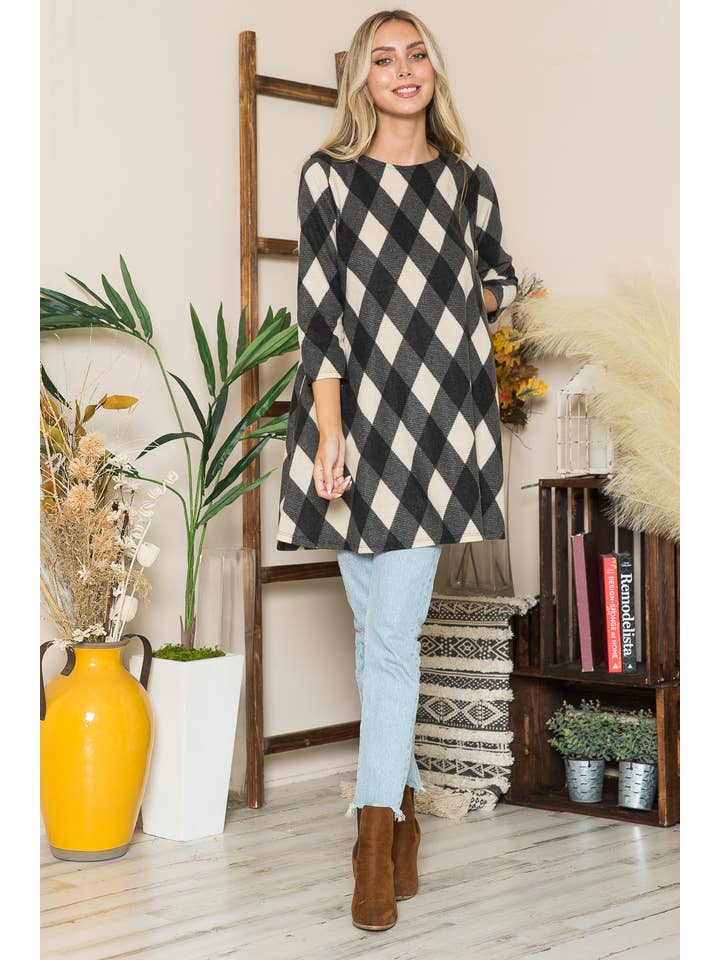 42POPS - Vente Haut en maille – femme - ...SI-21234 ROBE TUNIQUE À CARREAUX 3Q À MANCHES A-LINE AVEC POCHES LATÉRALES