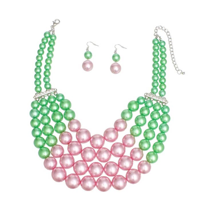 AKA Chunky Pink Green Pearl Bib Necklace Set for wholesale on Faire