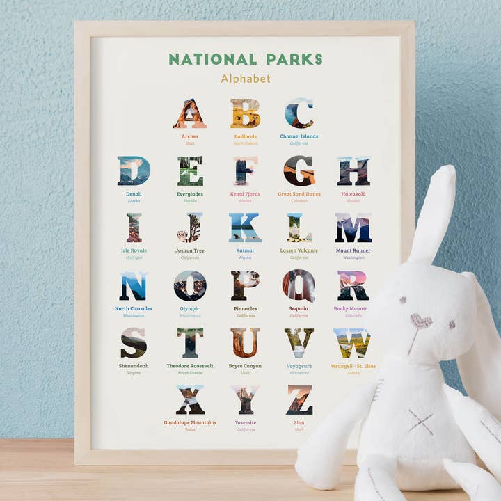 National Parks Alphabet Print nursery decor (11x14") for wholesale by Mappy Paths