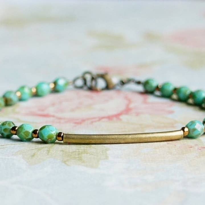 Turquoise Blue Czech Glass And Bronze Bar Bracelet for wholesale by Sentimento