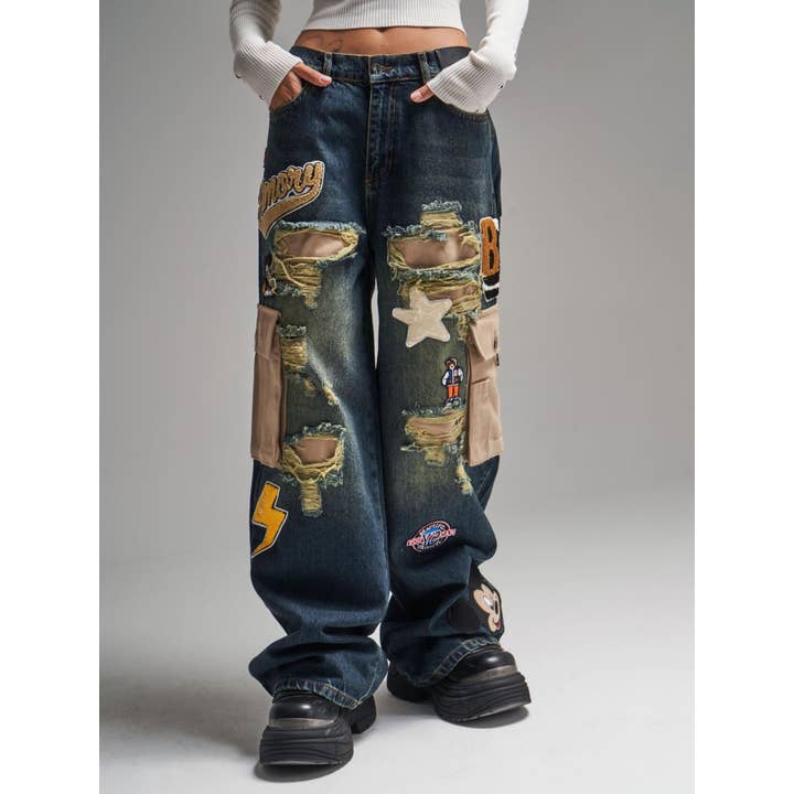 Women's low waist patchwork vintage wide leg jeans for wholesale by Tourtiwi