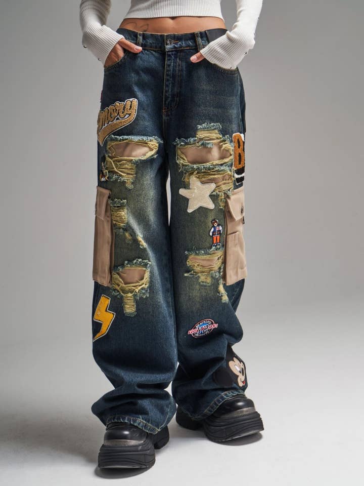 Nark Blue Women's low waist patchwork vintage wide leg jeans for wholesale on Faire