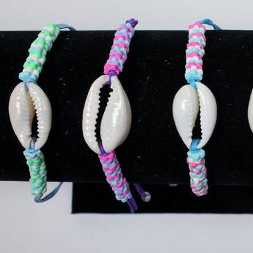 Adjustable Cowrie Shell & Coloured Fimo Flowers Bracelet for wholesale by Western Counties Wholesale