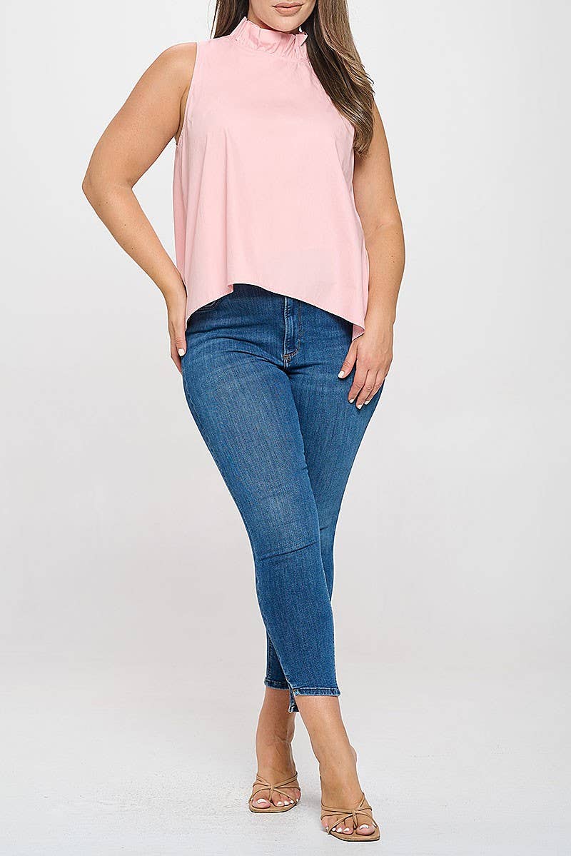 ROUSSEAU - Wholesale Blouse - Women's - PLUS SIZE SLEEVELESS RUFFLE NECK SOLID TOP2