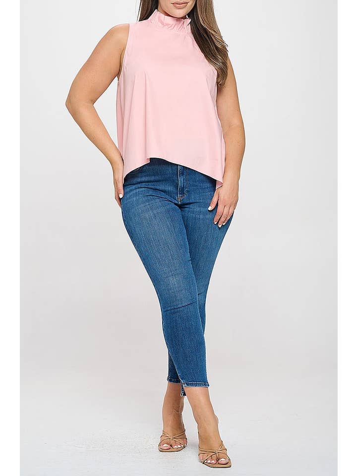 ROUSSEAU - Wholesale Blouse - Women's - PLUS SIZE SLEEVELESS RUFFLE NECK SOLID TOP2