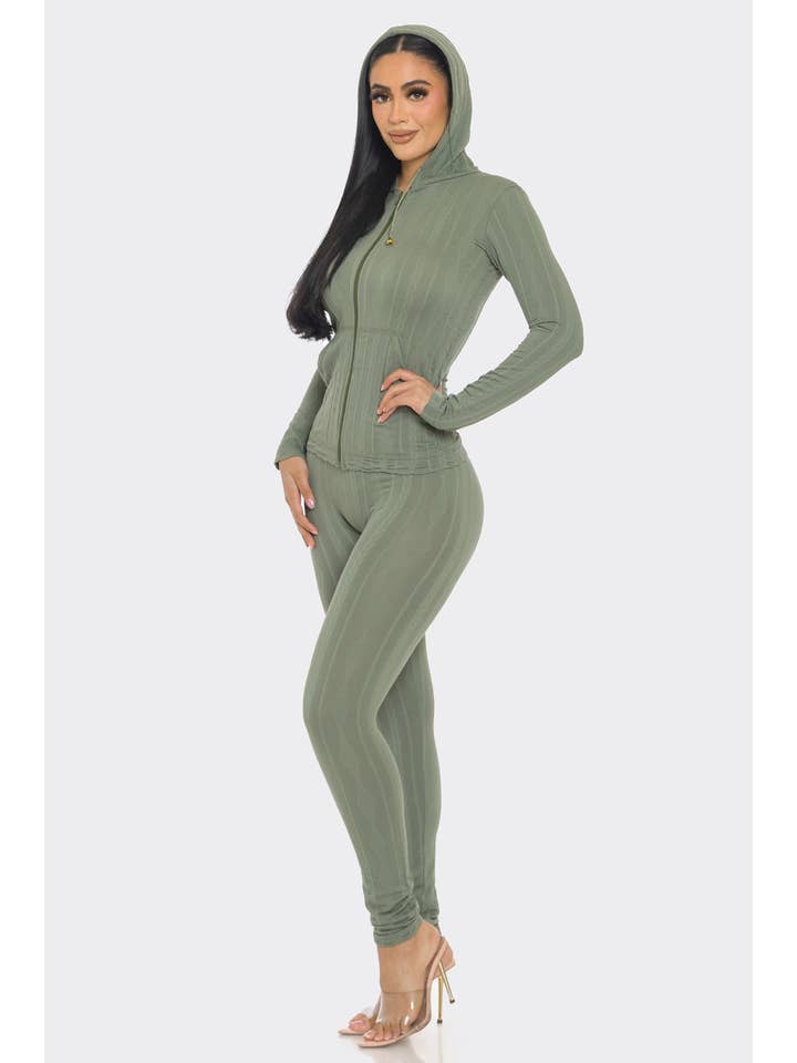 Lime All the Time - Wholesale Lounge Set - Women's - 2 Pcs Daimond Texture Zipper Up Hoodie and Legging Set9