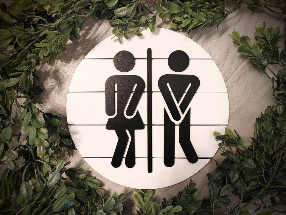 bluefortytwodesigns - Wholesale Bathroom Sign - Stick Figures - 6" Round Shiplap Bathroom Sign1