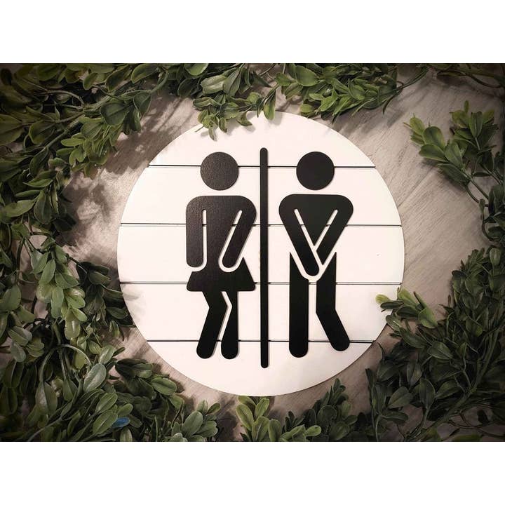 bluefortytwodesigns - Wholesale Bathroom Sign - Stick Figures - 6" Round Shiplap Bathroom Sign1