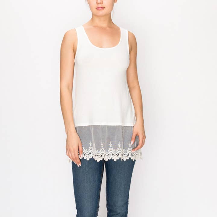 Soft Relaxed Tank With Delicate Floral Laced Hem - T08 IVORY for wholesale by Origami Apparel ~ Lace and Crochet inspired