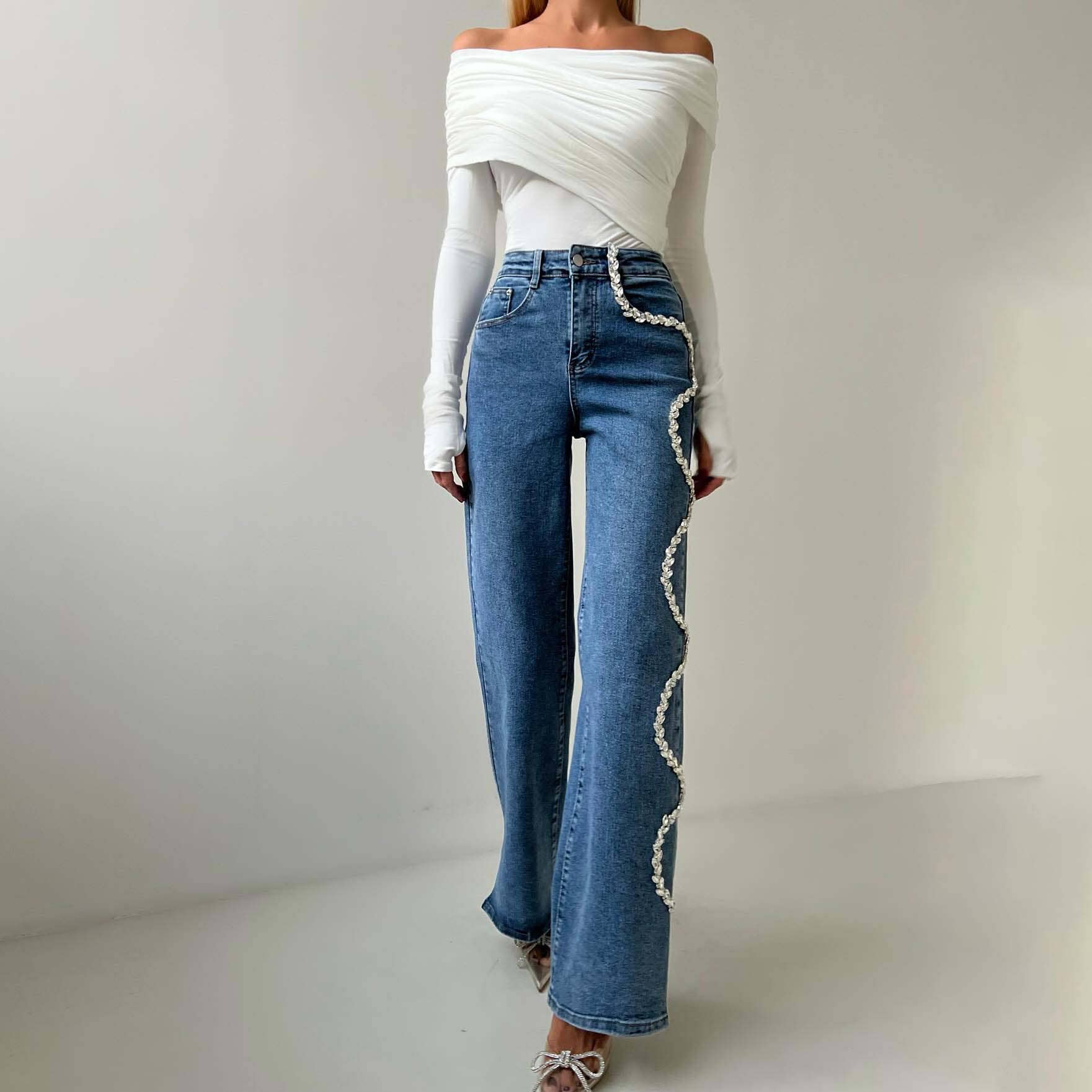 Azul Calça feminina jeans reta com corrente de diamantes, cintura alta para venda a revendedores na Faire8