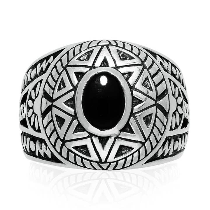 Anel de sol de ônix étnico prateado masculino por atacado de Orus bijoux men