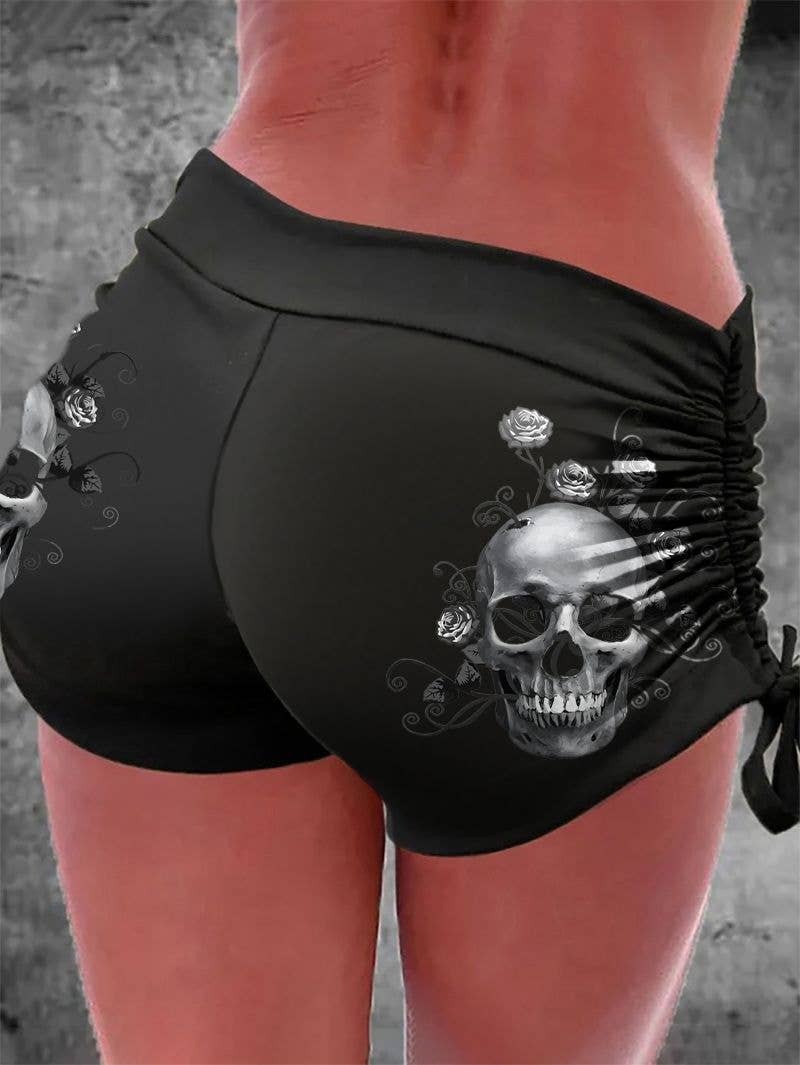 Black Punk Fun Skull Printed Casual Shorts for wholesale on Faire0
