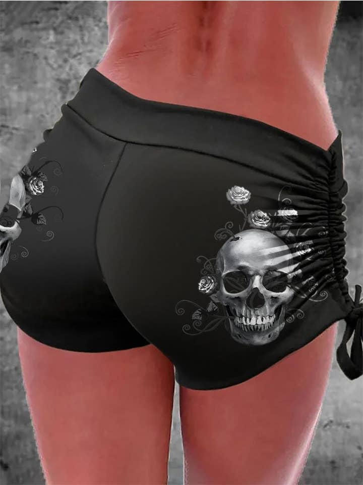 Black Punk Fun Skull Printed Casual Shorts for wholesale on Faire