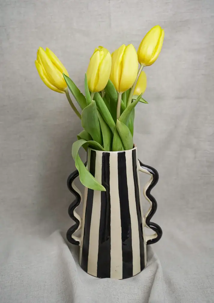High crafty - Wholesale Vase - Handmade Striped Ceramic Vase with Wavy Handles – 22.5 cm3