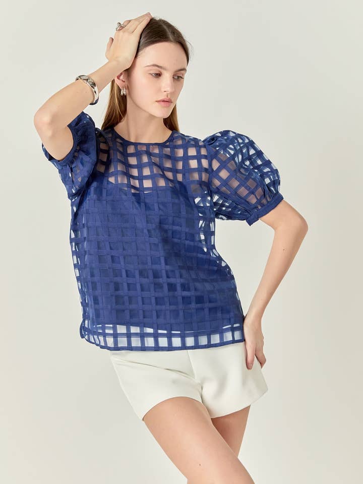 Plaid Sheer Puff Sleeve Top for wholesale by English Factory