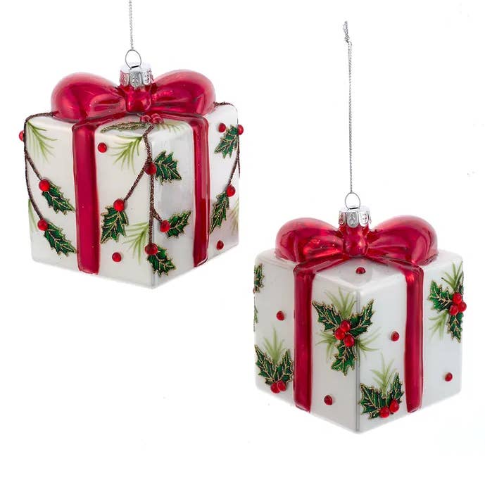 Kurt S. Adler, Inc. - Wholesale Ornament - 3.5"GLASS HOLLY DECO PRESENT ORNAMENT 2A0