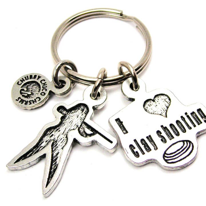 I Love Clay Shooting With Clay Shooting Girl Key Chain for wholesale by Chubby Chico Charms