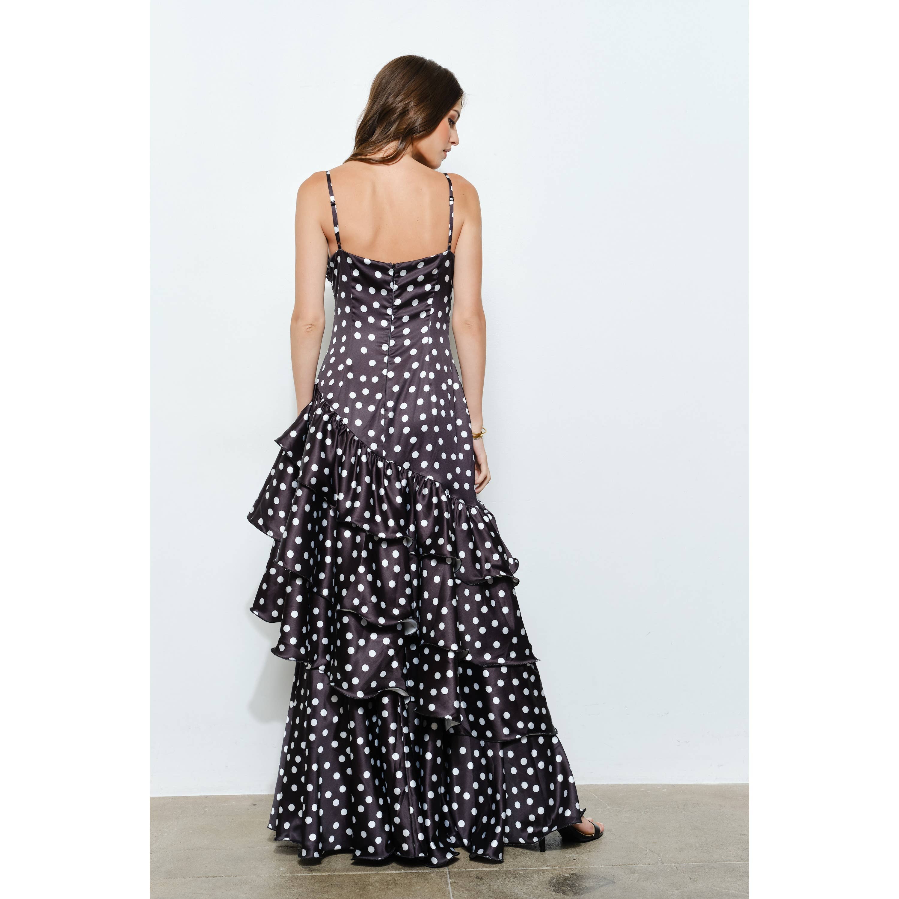 INA – wholesale Dress – Women's – Satin Polka Dot Tiered Ruffle Maxi Dress13