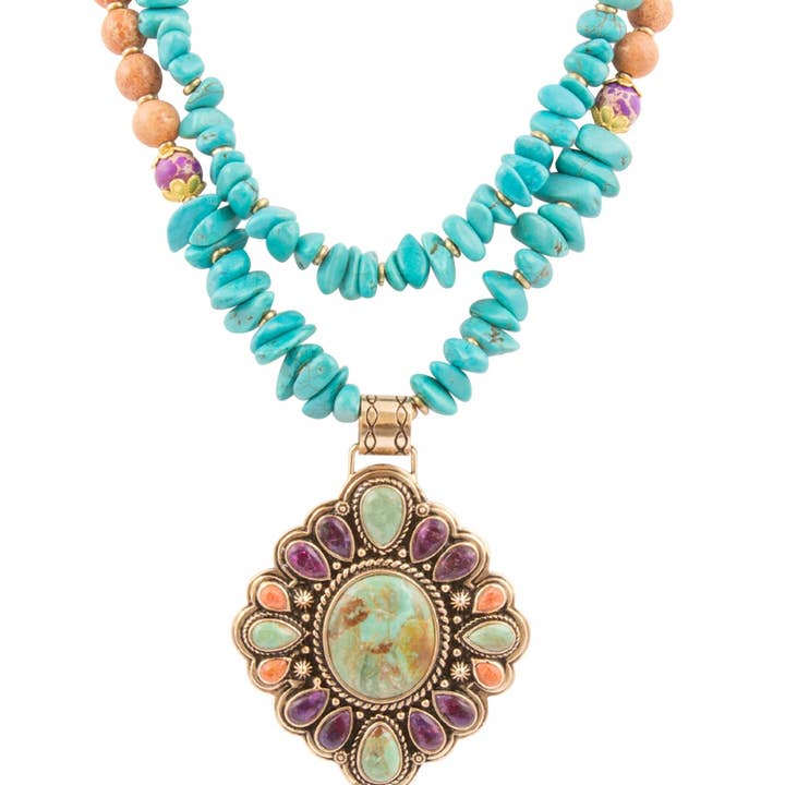 Prescott Blue Turquoise Purple and Orange Statement Pendant Golden Necklace for wholesale by Barse Jewelry