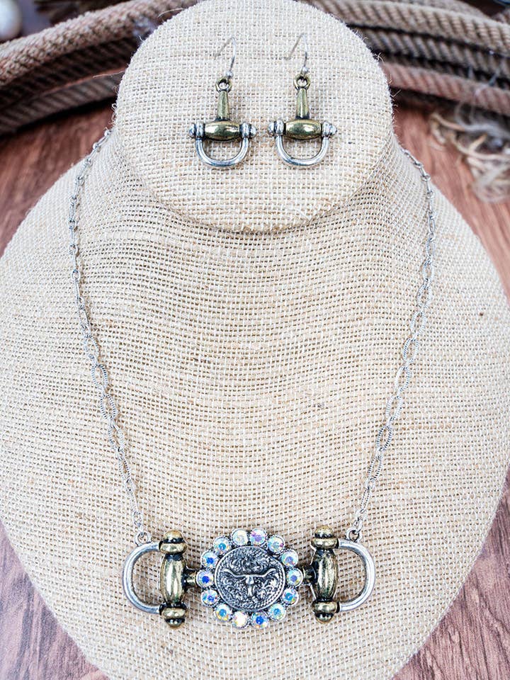Iridescent Longhorn Bridle Two-Tone Necklace and Earring Set for wholesale by Wholesale Accessory Market