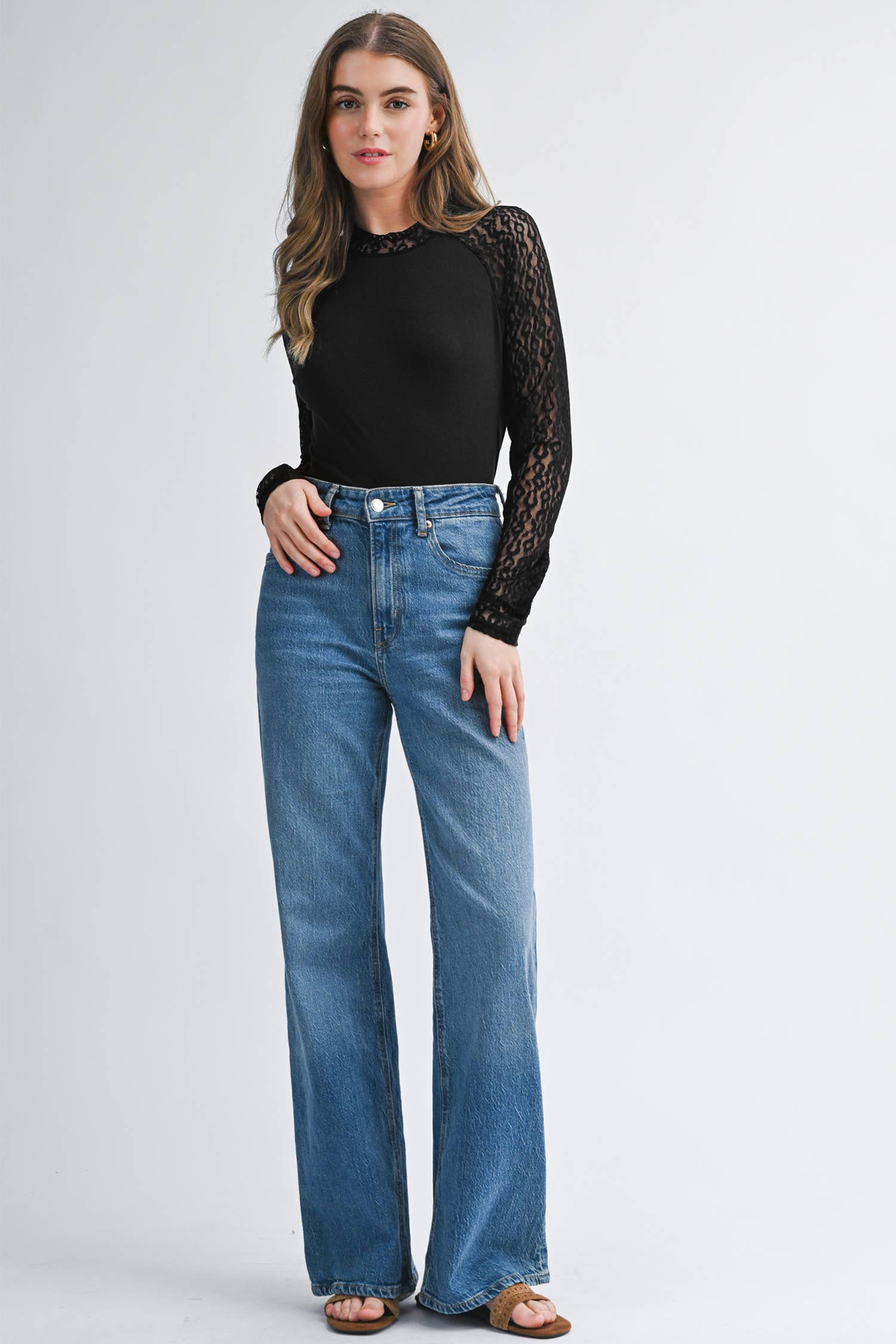 As shown Leopard Mesh Patchwork Knit Long Sleeve Top |  S-XL for wholesale on Faire6