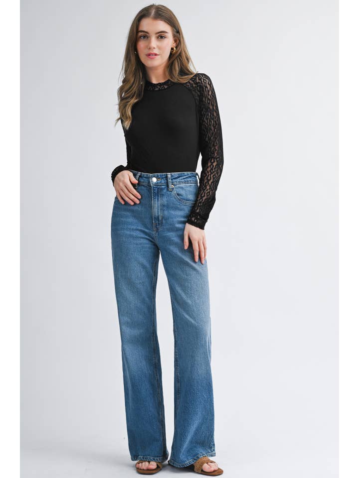 As shown Leopard Mesh Patchwork Knit Long Sleeve Top | S-XL for wholesale on Faire6