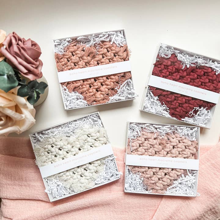 heart coaster set | boho valentine's macrame for wholesale by Collective Harmony Co