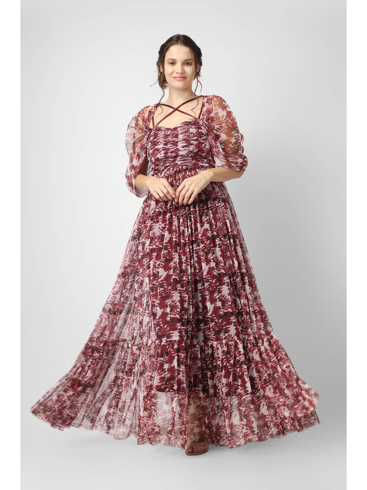 Alicia Maxi in Burgundy Print for wholesale on Faire