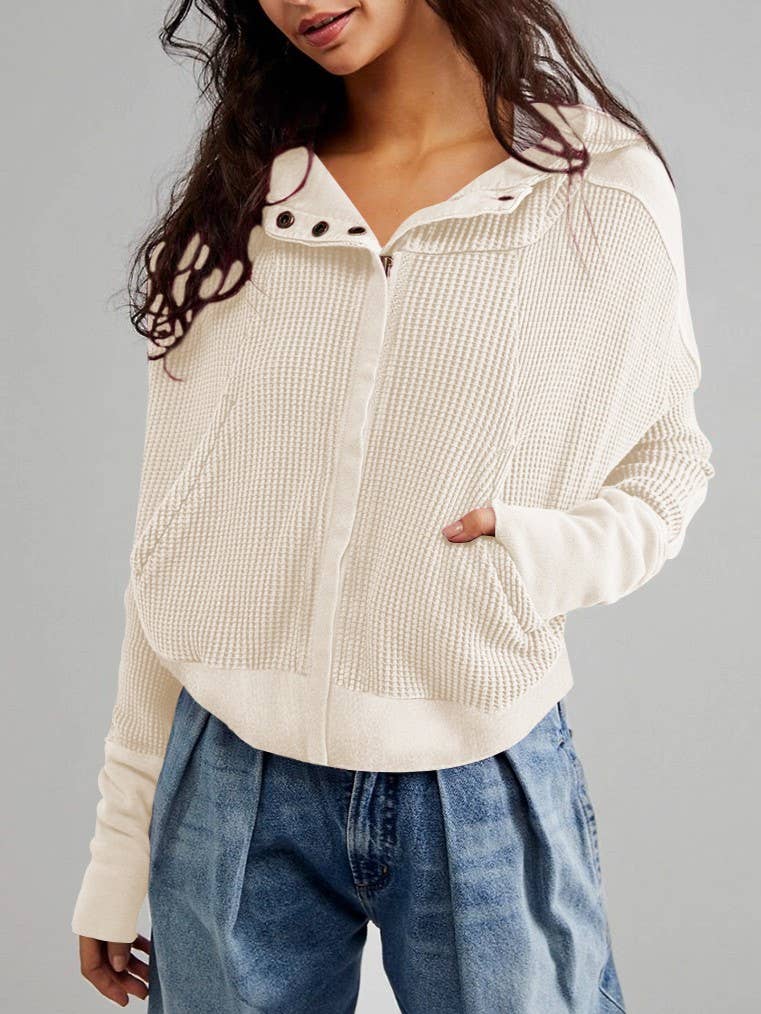 Rosa Clothing - Wholesale Hoodie - Women's - half button zip up waffle crop hoodie sweatshirt jacket7