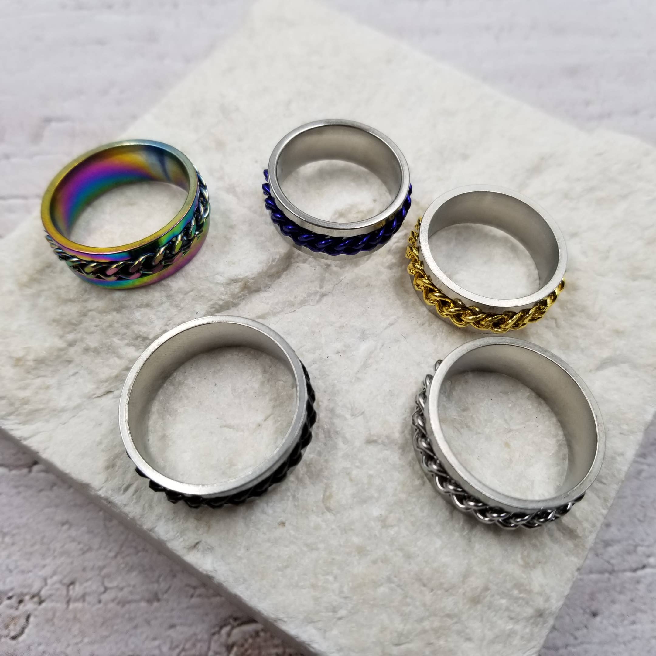 Treasure Wholesale - Venta al por mayor Anillo de banda/apilable - Anillos giratorios de ansiedad con abridor de botellas de cadena giratoria5