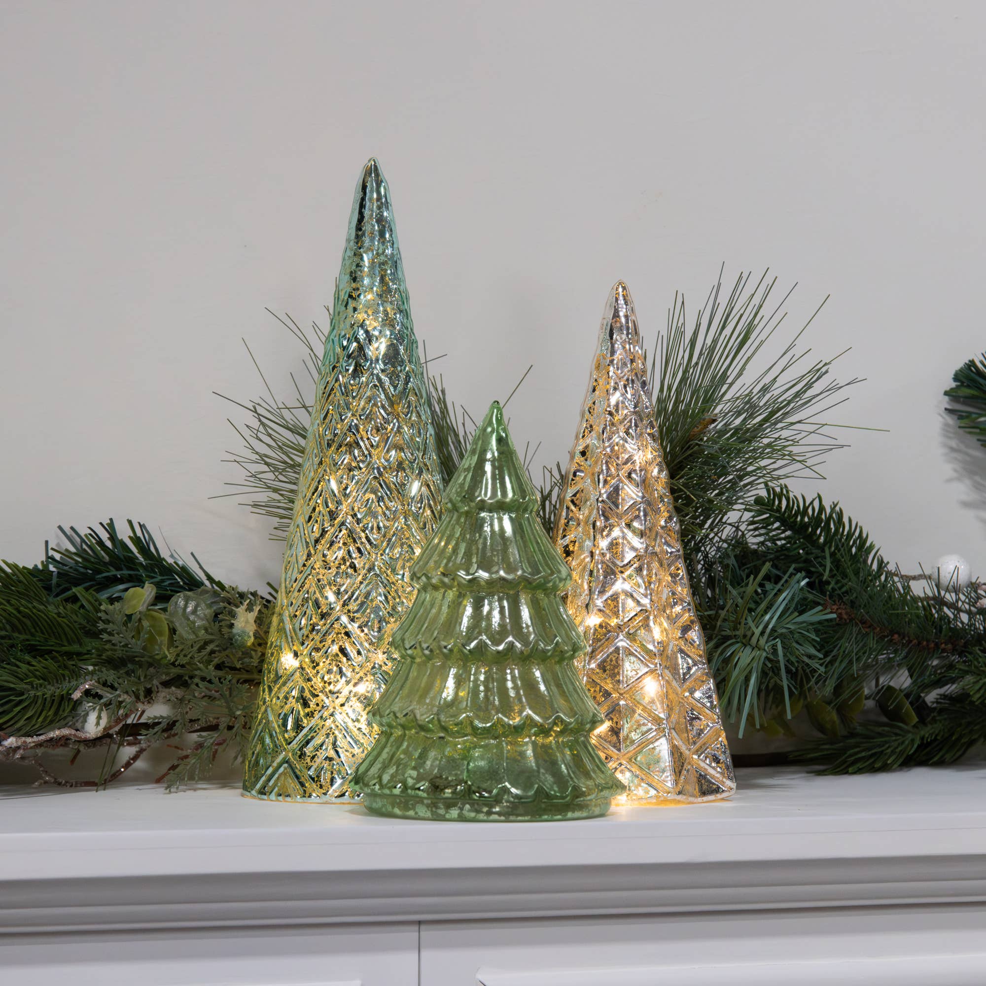 LumaBase - Wholesale Christmas Decoration - Battery Operated Green & Silver Trees - Set of 32