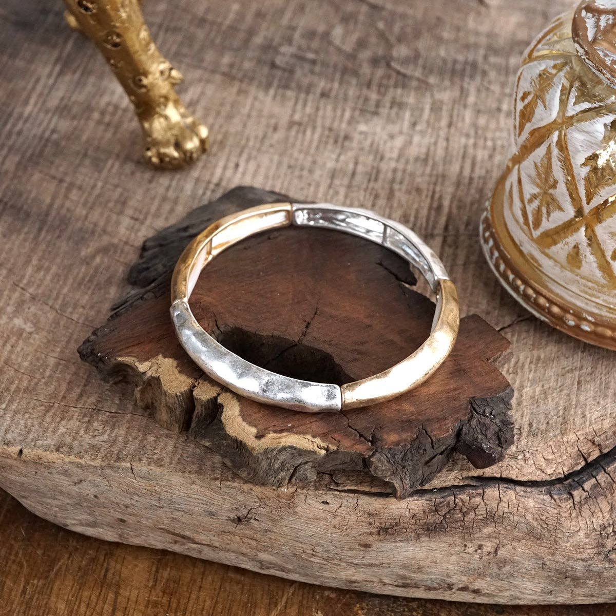 PennyLine inc - Wholesale Bangle Bracelet - Boho Stretchy Minimalist Bangle Raw Textured Worn Gold and Silver tones4