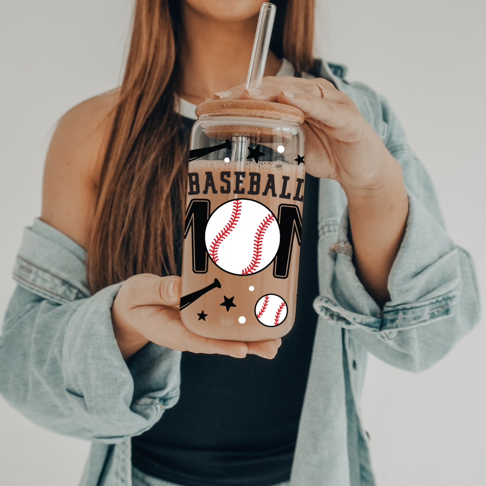 SKS Design Studio - Wholesale Drinking Glass/Cup - Baseball Mom | UVDTF | 20 oz Libbey Can Glass with Bamboo Lid & Straw2