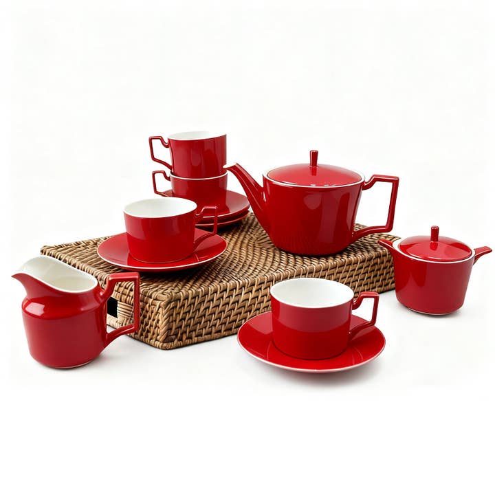 Services à thé en porcelaine de 4 pièces, ensemble à café pour fête de l'après-midi, rouge pour la vente par Royal Ceramics