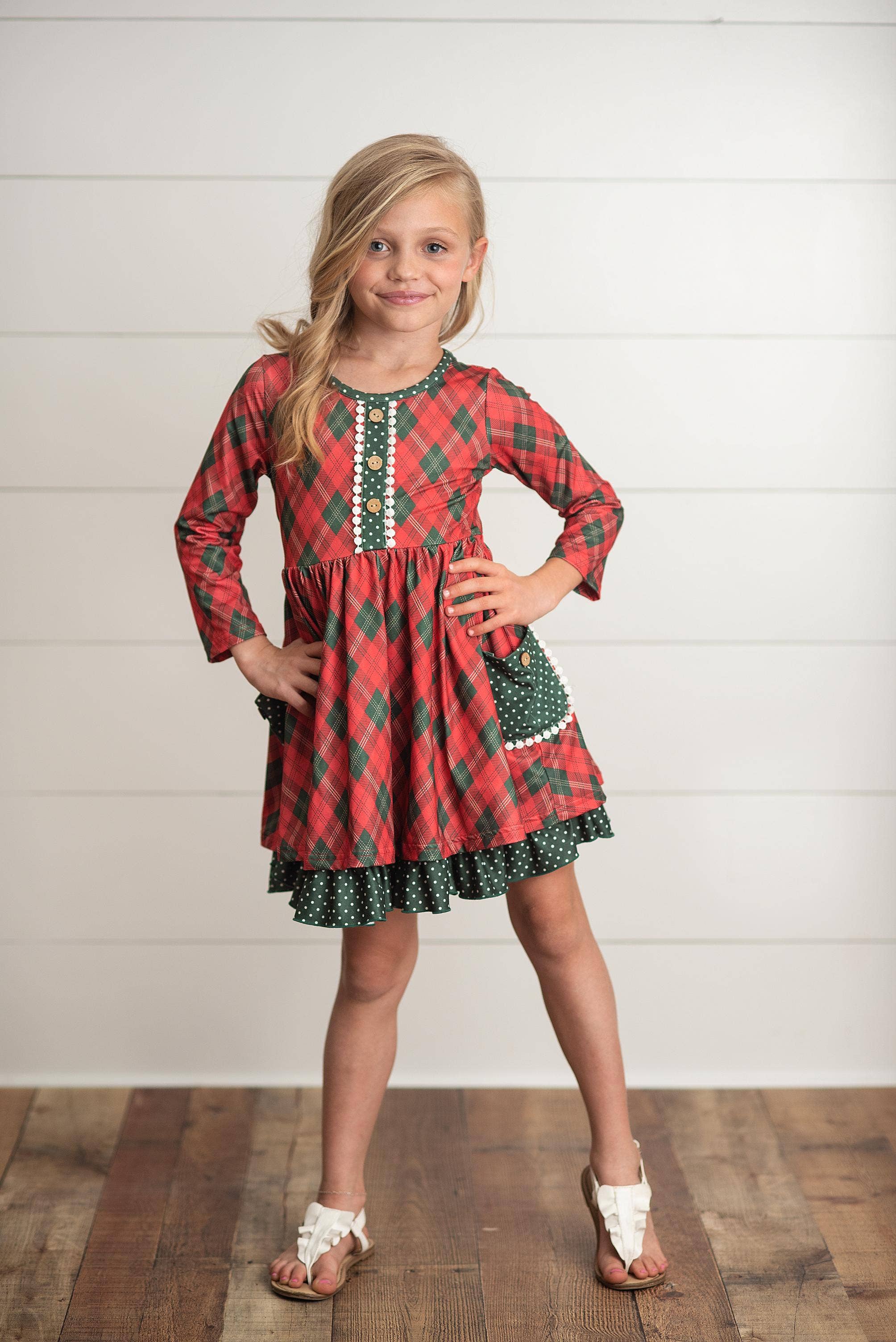 Adorable Sweetness - Wholesale Dress - Kids - Kids Red Green Plaid Ruffle Button Holiday Christmas Dress4