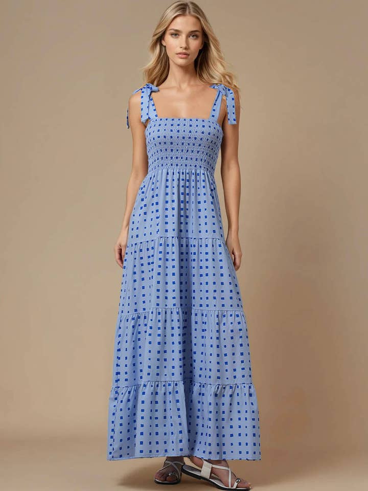 Ladies Summer Smocking Print Ruffle Maxi Dress P1333 for wholesale by Sweetkama