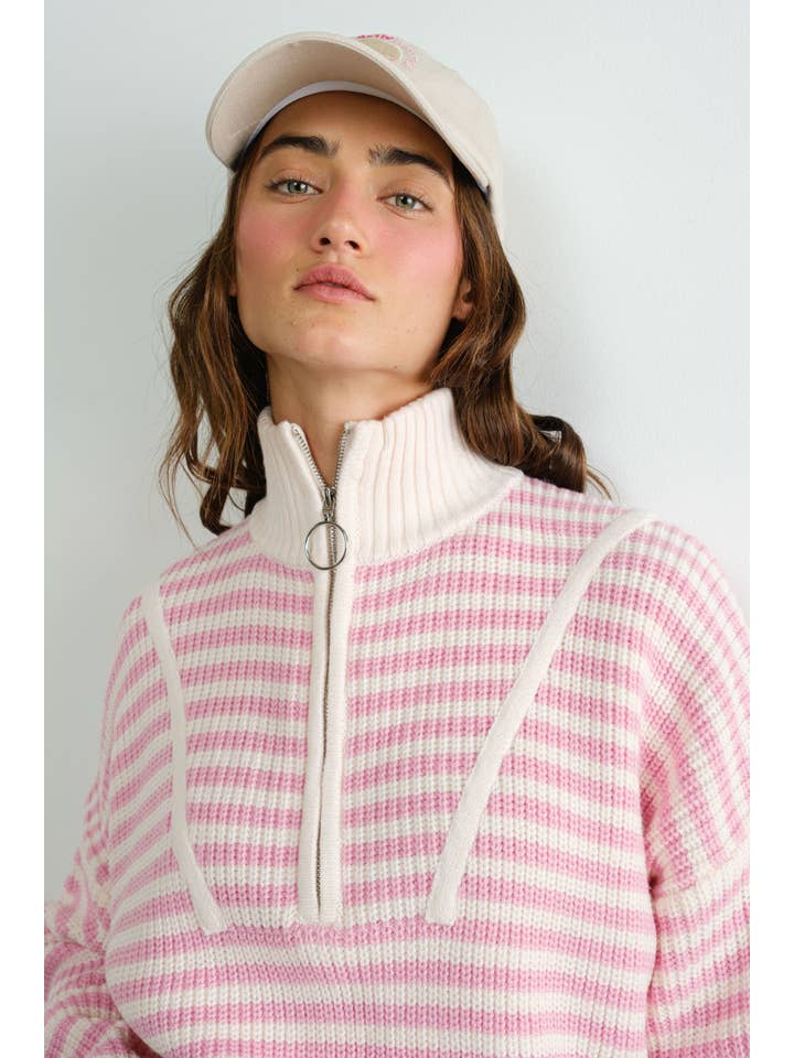 Creamon - Wholesale Knit Sweater - Women's - Preppy Californian Half-zip Striped Sweater-GREEN2