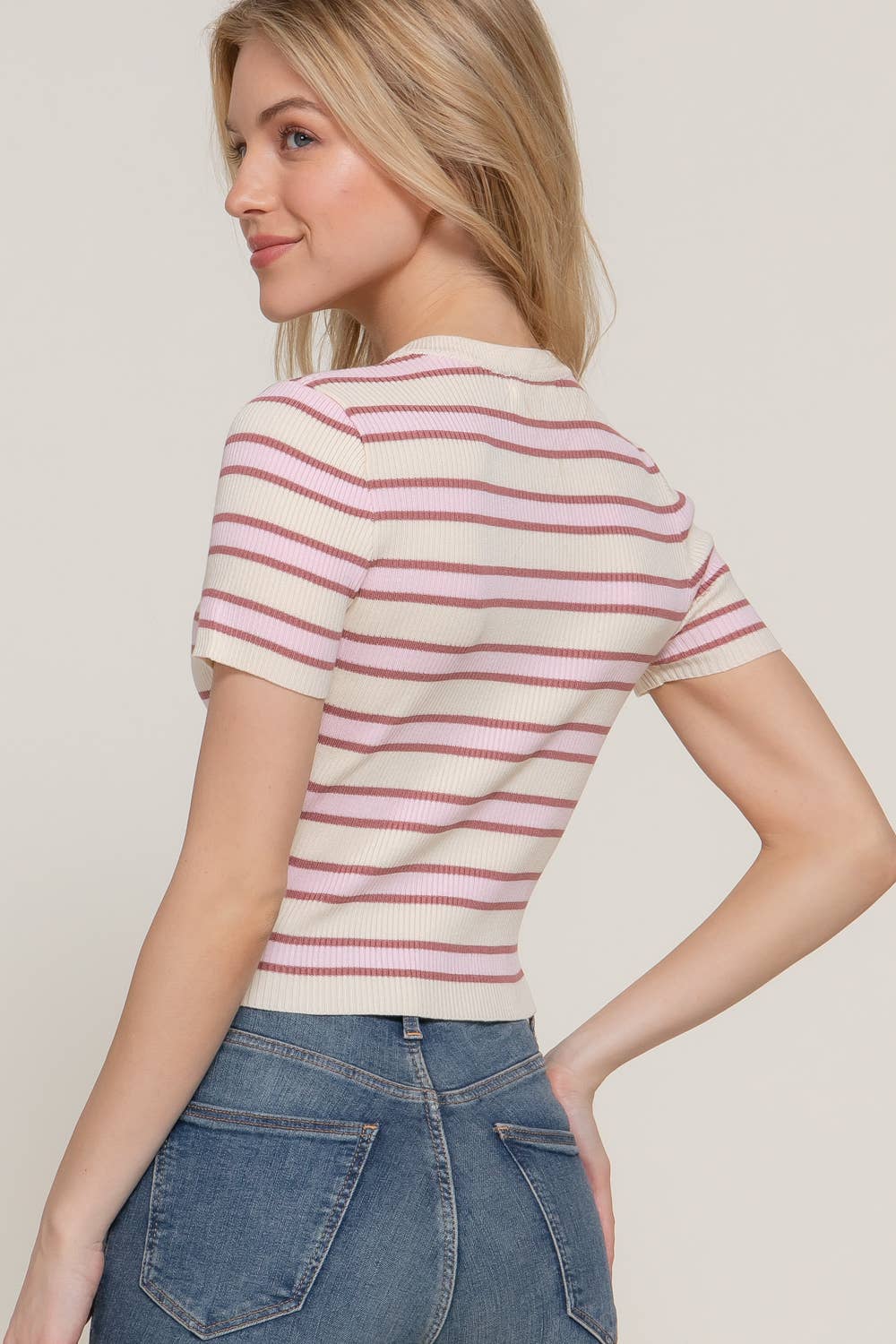 Active Basic | Active USA - Wholesale Knit Top - Women's - Short Sleeve Crew Neck Multi Stripe Spring Sweater5