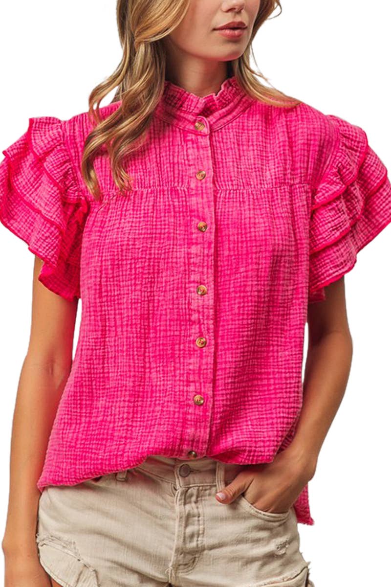 FUCHSIA Mineral Washed Crinkle Gauze Top for wholesale on Faire0