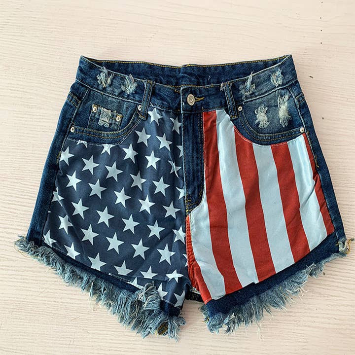 Dark Blue Women Fashion Casual American Flag Denim Shorts for wholesale on Faire