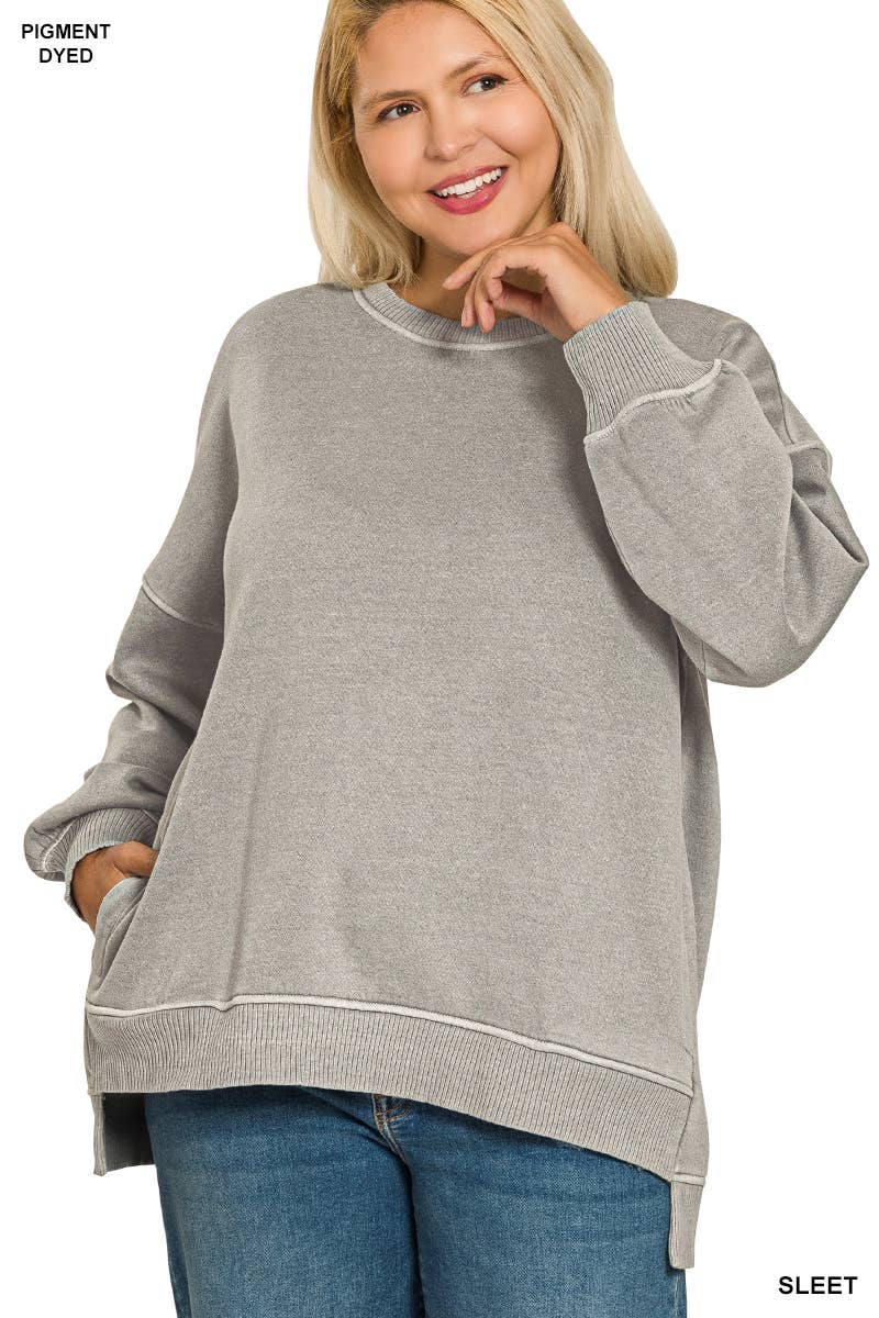 42POPS – wholesale Sweatshirt – Women's – .0827 Plus Pigment Dye Fleece Hi Low Hem Pullover With Pocket SI-20