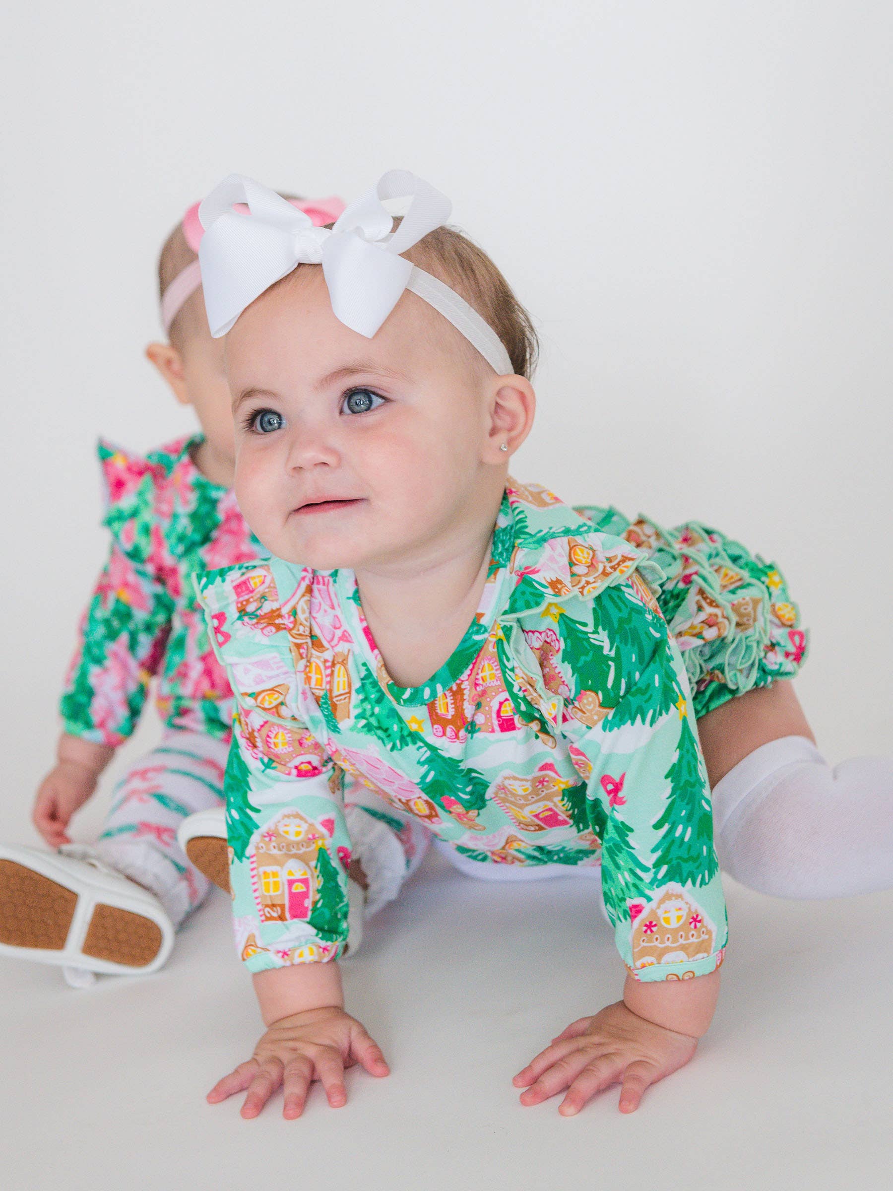 Green Baby Girls Pink Jolly Gingerbread Knit Long Sleeve Flutter Bubble Romper for wholesale on Faire3