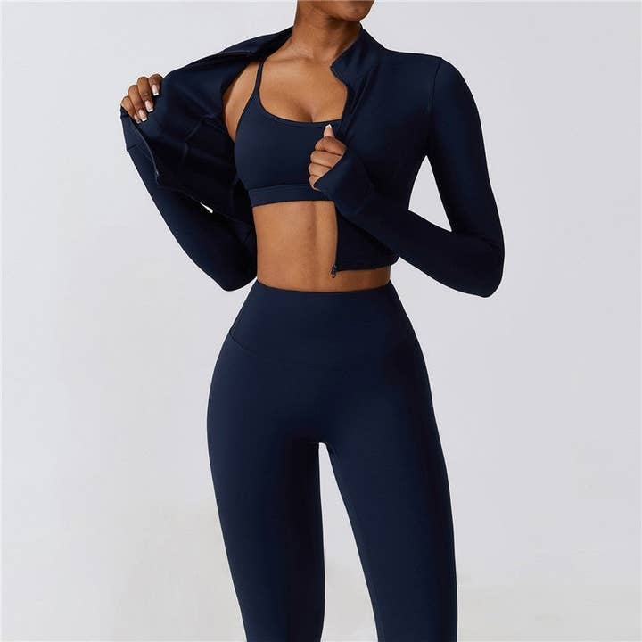 FurDecoration - Wholesale Activewear Set - Women's - Solid Color Sports Bra, Cropped Outerwear, and Leggings Three-Piece Set