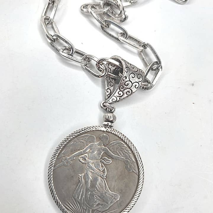 French Coin Pendant Necklace Burnished Oval Chain for wholesale by Beauty In Stone Jewelry