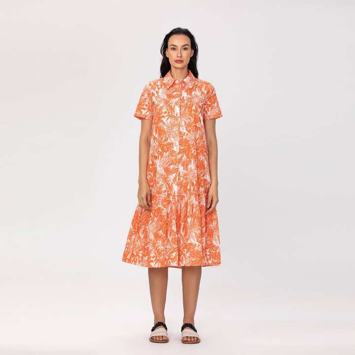 Floral print cotton midi dress with short sleeves for wholesale by Smart and Joy