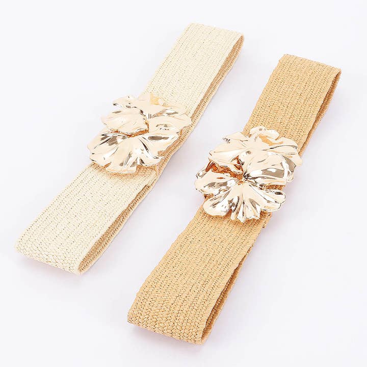 Faux Straw Large Metal Flower Stretch Belt for wholesale by 3AM BY H&D ACCESSORIES