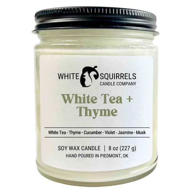 Tè bianco e timo - Barattolo di vetro con lato dritto da 8 once per la vendita all'ingrosso da parte di White Squirrels Candle Co